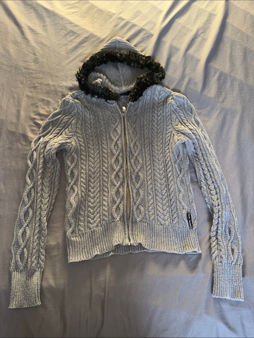 DKNY Jeans Gray Cable-Knit Hooded Zip Cardigan with Faux Black Fur Trim Sz L